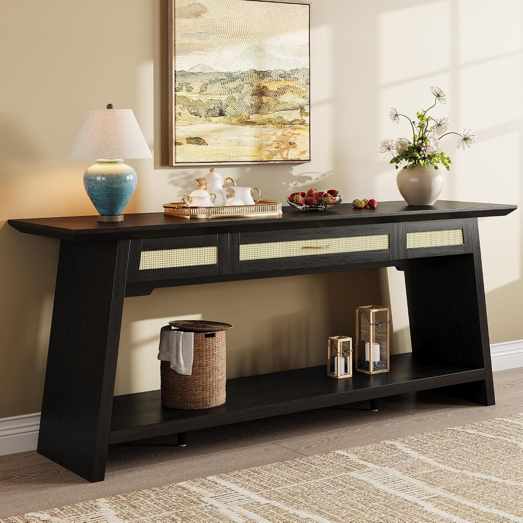 iPormis 70.9 Inches Rattan Entryway Table with Drawer, Narrow Long Console Table Behind Sofa, Modern Entry Accent Hallway Table for Living Room, Behind Couch, Entrance, Black