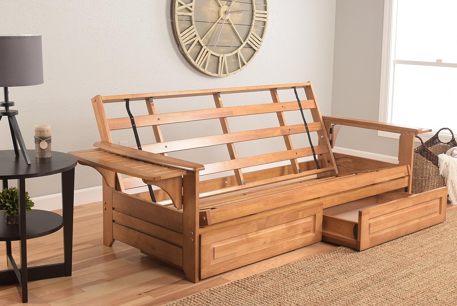 Kodiak Furniture Phoenix Full Size Futon in Butternut Finish with Storage Drawers, Linen Charcoal