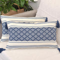 Decorative Boho Lumbar Pillow Covers with Tassels Navy Blue Off White, 12x20 inch -Set of 2 / Small Rectangle Cushion Covers for Couch Sofa/ Farmhouse Woven Pillow Cases/ Accent Chair Pillow Covers