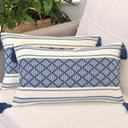 Decorative Boho Lumbar Pillow Covers with Tassels Navy Blue Off White, 12x20 inch -Set of 2 / Small Rectangle Cushion Covers for Couch Sofa/ Farmhouse Woven Pillow Cases/ Accent Chair Pillow Covers