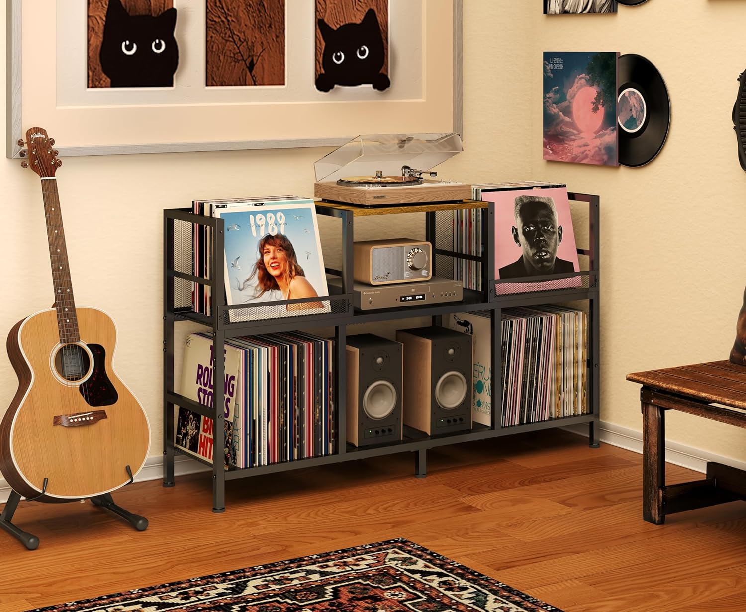 Record Player Stand, Turntable Stand with 3-Compartment Vinyl Storage Cabinet, Holds 300+ Albums, Sturdy Record Player Table for Living Room & Music Room