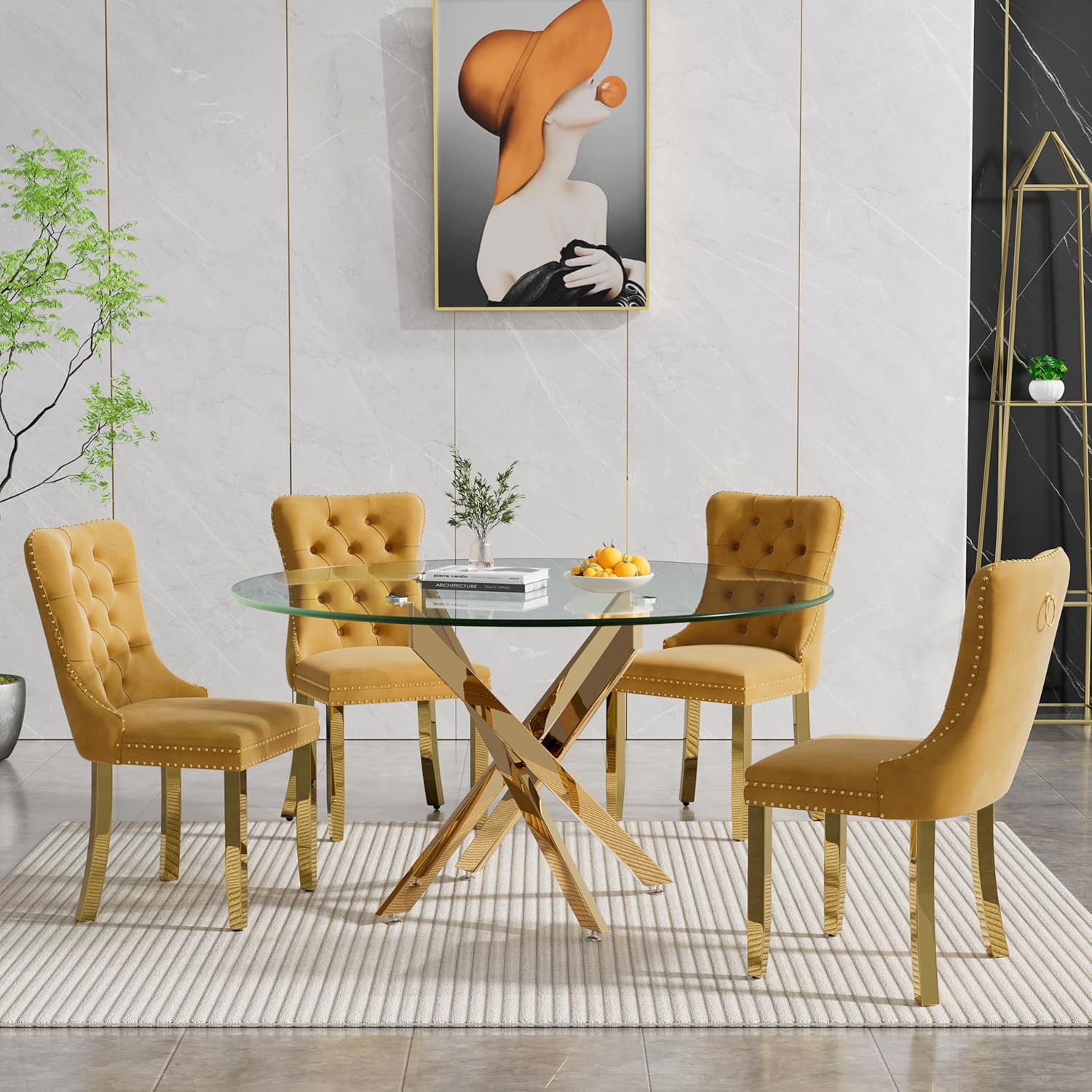 47.2'' Round Glass Dining Table for 4, Glass Round Dining Room Table with X-Shape Metal Legs, Clear Circular Top Gold Kitchen Table for 4, Perfect for Apartment Small Space