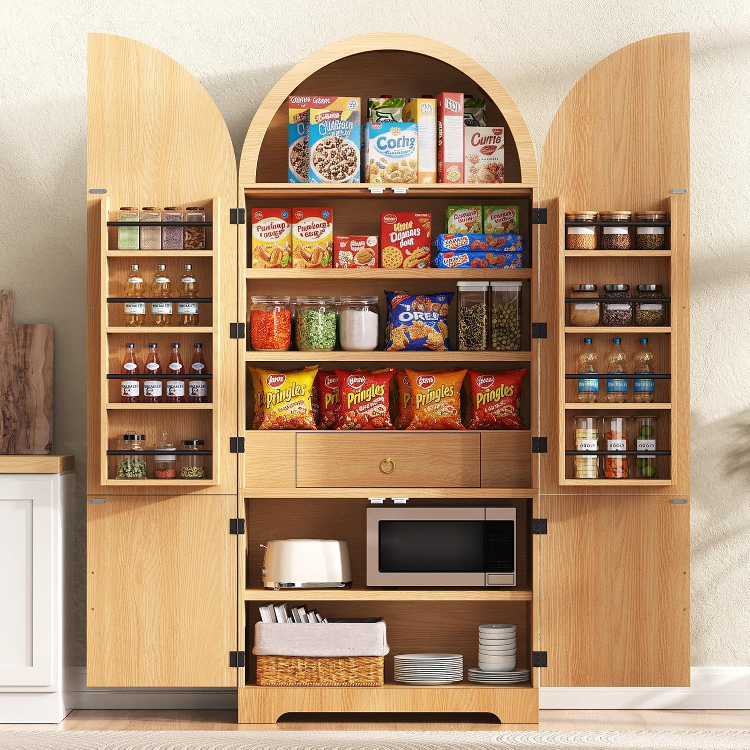 Tall Arched Kitchen Pantry Cabinet, Modern Fluted Wood Storage Cabinet with 8 Door Shelves, Adjustable Shelves and Hidden Drawer, Versatile Cupboard for Kitchen, Bathroom (Natural)