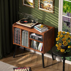 Record Player Table, Mid-Century Record Player Stand with Vinyl Storage Hold Up to 150+ Albums, Vinyl Record Cabinet with Adjustable Shelves, Wood Turntable Stand for Music Living Room (Brown)