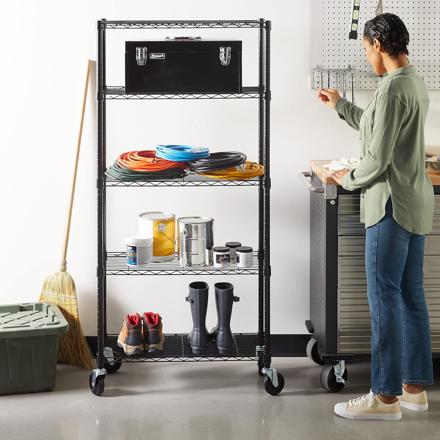 Amazon Basics 5-Shelf Heavy Duty Garage Shelving Storage Rack with 4" Wheel Casters, Adjustable Metal Wire Organizer, 300 lbs Per Shelf, 30" x 14" x 64.75", Black