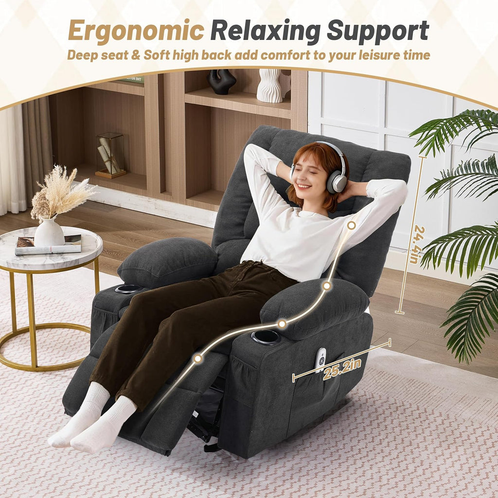 Rocker Recliner Chair with Massage and Heat, Recliner Chair for Adults, Nursery Rocking Chairs for Living Room, Ergonomic Comfy Relining Chair with Cup Holders, USB Charge Port, Side Pockets, Black