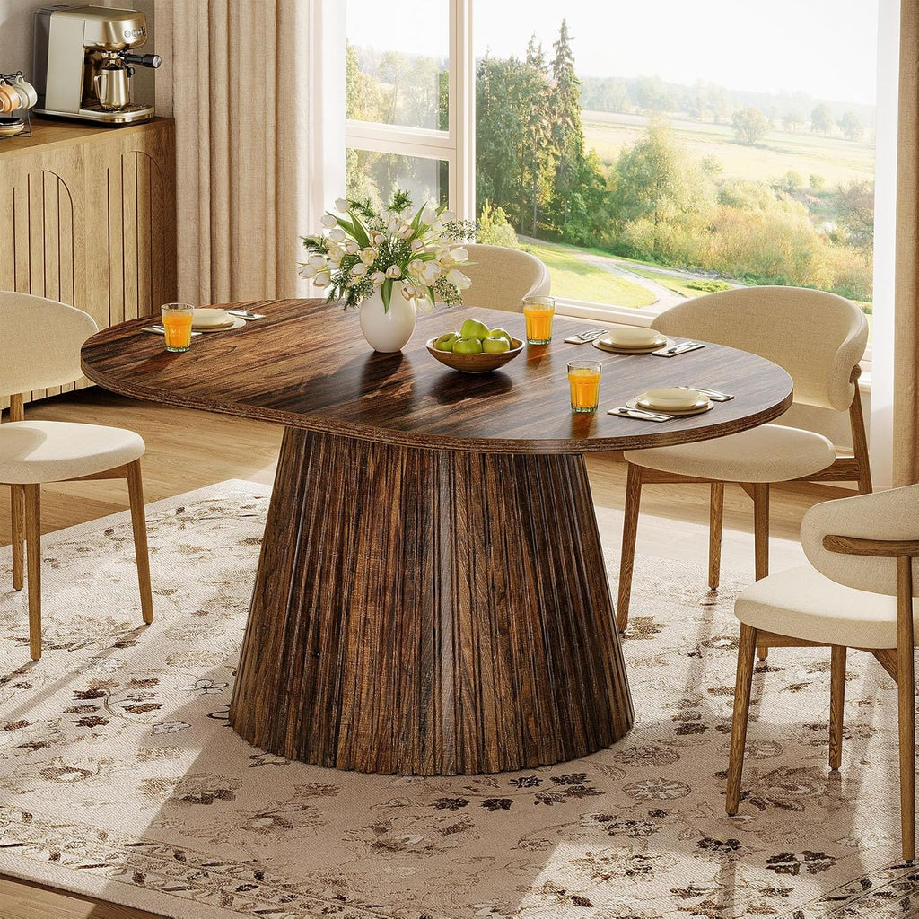 Tribesigns 59" Dining Table for 4-6 People, Farmhouse Dining Room Table with Heavy Pedestal, Oval Wood Kitchen Dinner Table for Living Room, Kitchen, Rustic Brown, 59.06" W x 39.37" D