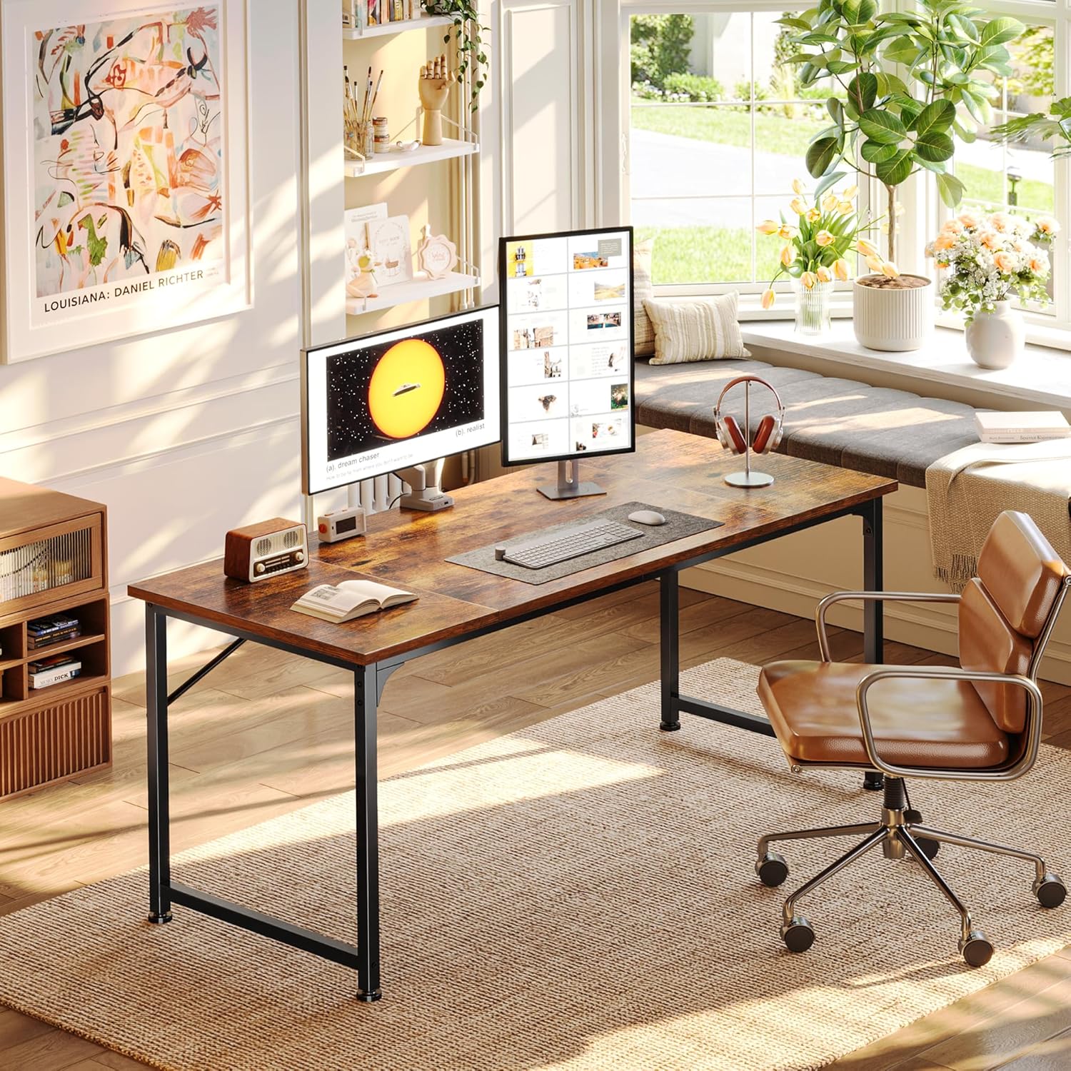 PRAISUN 55 Inch Computer Desk, Home Office Desk with Spacious Desktop, Modern Gaming Desk, Writing Study Table for Bedroom, Small Spaces, Work from Home Desk with Metal Frame, Rustic Brown