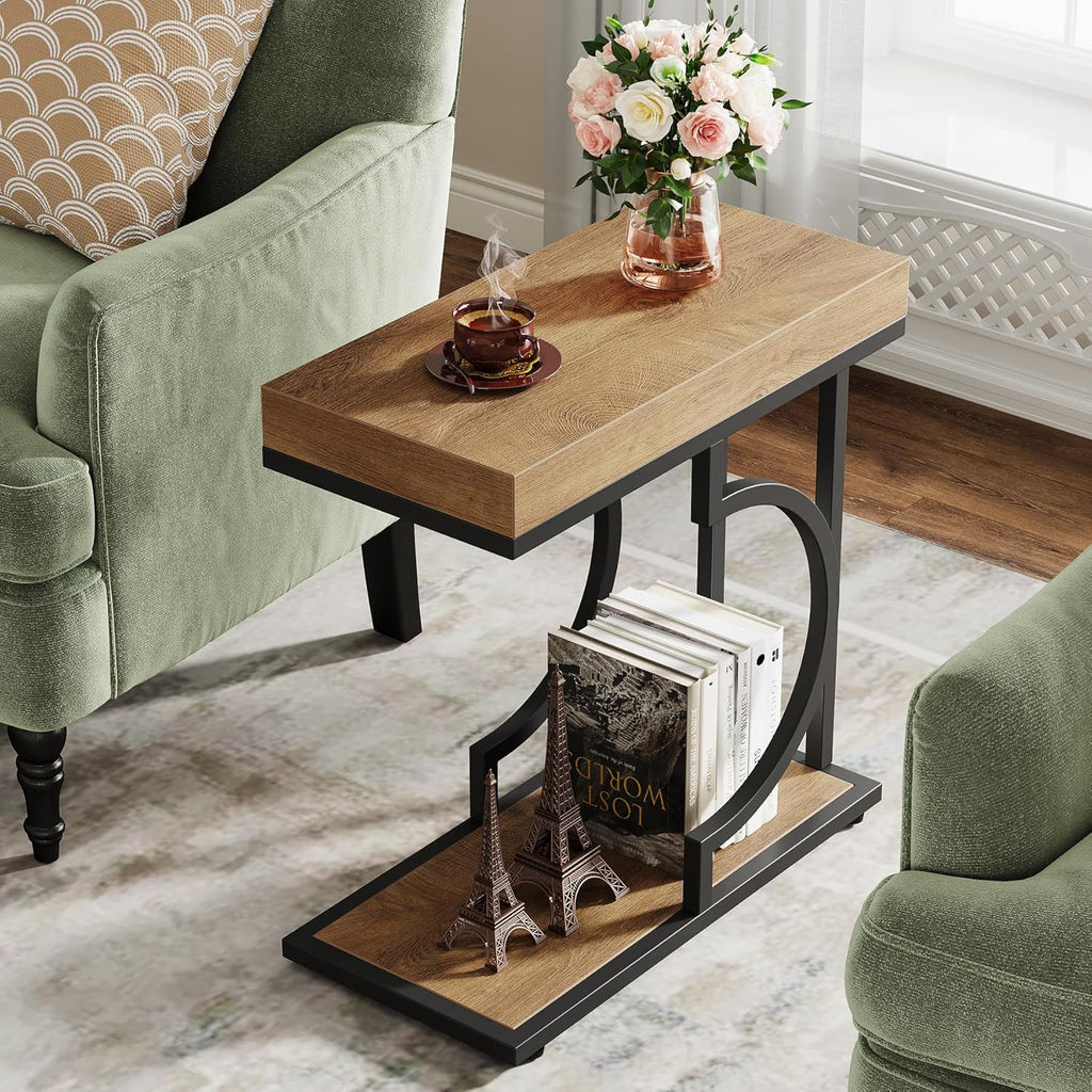 Tribesigns Narrow Side Table for Couch, C Shaped End Table with Metal Frame, Farmhouse Bedside Tables, Small Sofa Tables for Small Spaces, Living Room (1, Natural+Black)