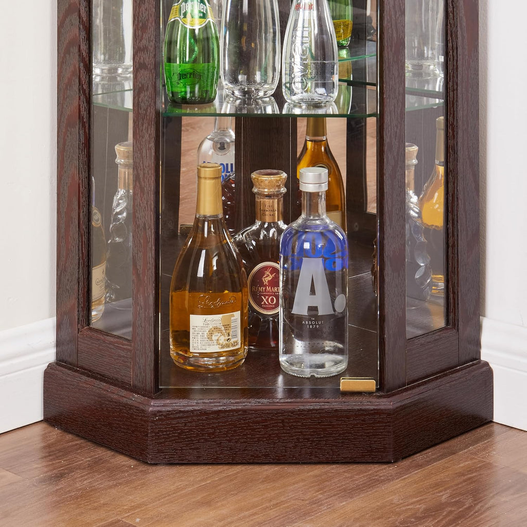 70" Lighted Corner Curio Cabinet,Inside Mirror Corner Glass Display Case with Tempered Glass Door for Living Room, Antique Collectibles, Wine & Bar Glass Storage, Lights Included