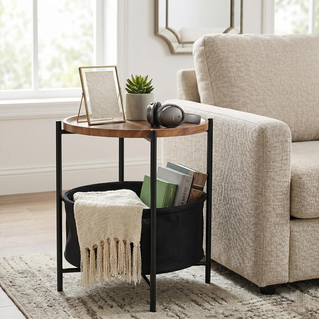 danpinera Round Side Table, Folding Round Metal End Table Small Nightstand with Basket for Bedroom Living Room Bedside Small Spaces Walnut