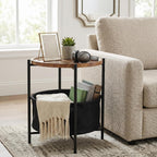 danpinera Round Side Table, Folding Round Metal End Table Small Nightstand with Basket for Bedroom Living Room Bedside Small Spaces Walnut