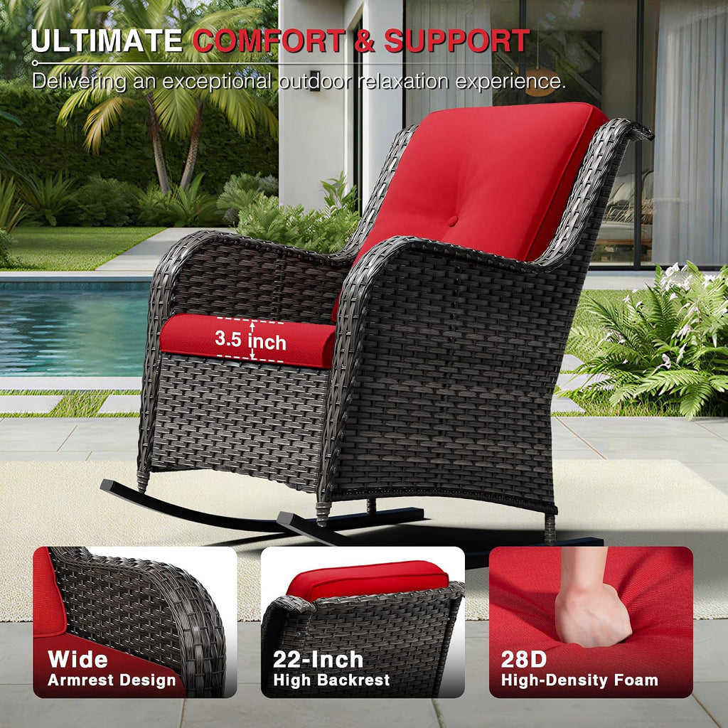 Joyside Outdoor Rocking Chair, Wicker Patio Furniture with High Back, Deep Seating, Wide Armrest, Thickened Cushions, Outdoor Rattan Furniture for Deck, Porch Use
