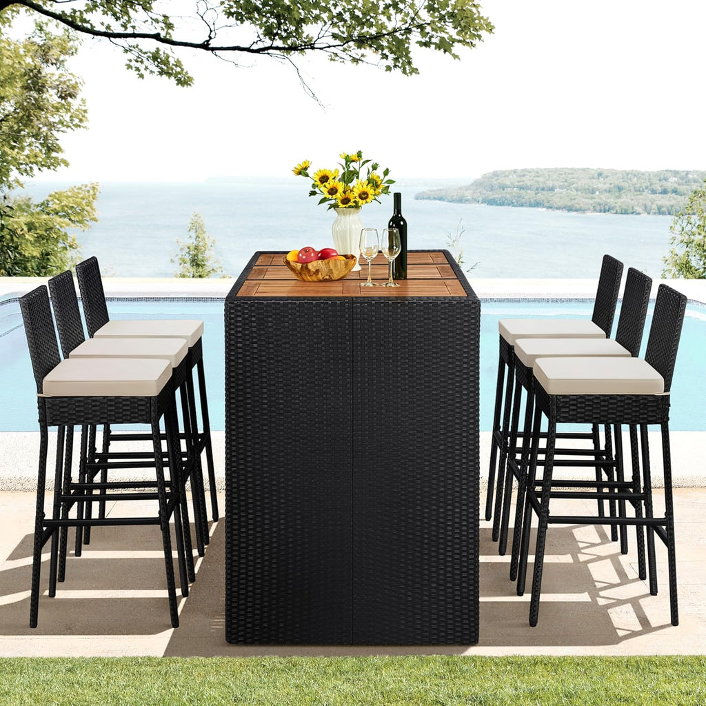 Yaheetech 7 Piece Patio Dining Set Outdoor Acacia Wood Bar Table and Chairs with Removable Cushions, Wicker Furniture Set for Deck, Backyard, Garden, Black/Beige