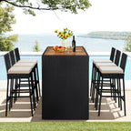 Yaheetech 7 Piece Patio Dining Set Outdoor Acacia Wood Bar Table and Chairs with Removable Cushions, Wicker Furniture Set for Deck, Backyard, Garden, Black/Beige