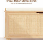 Keehusux 47.2" Rattan Storage Chest with Padded Seat Cushion, Extra Large Storage Bench with 2 Safety Hinges, Storage Trunk with Solid Wood Legs & Rounded Corners for Entryway, Bedroom, Natural Oak