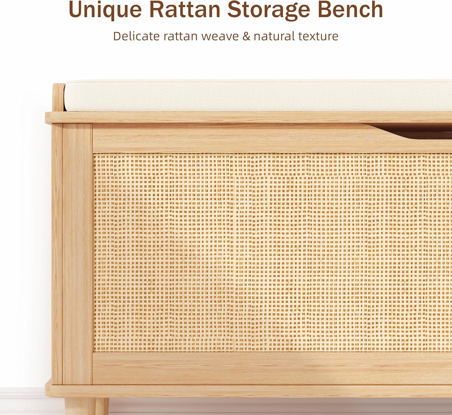 Keehusux 47.2" Rattan Storage Chest with Padded Seat Cushion, Extra Large Storage Bench with 2 Safety Hinges, Storage Trunk with Solid Wood Legs & Rounded Corners for Entryway, Bedroom, Natural Oak