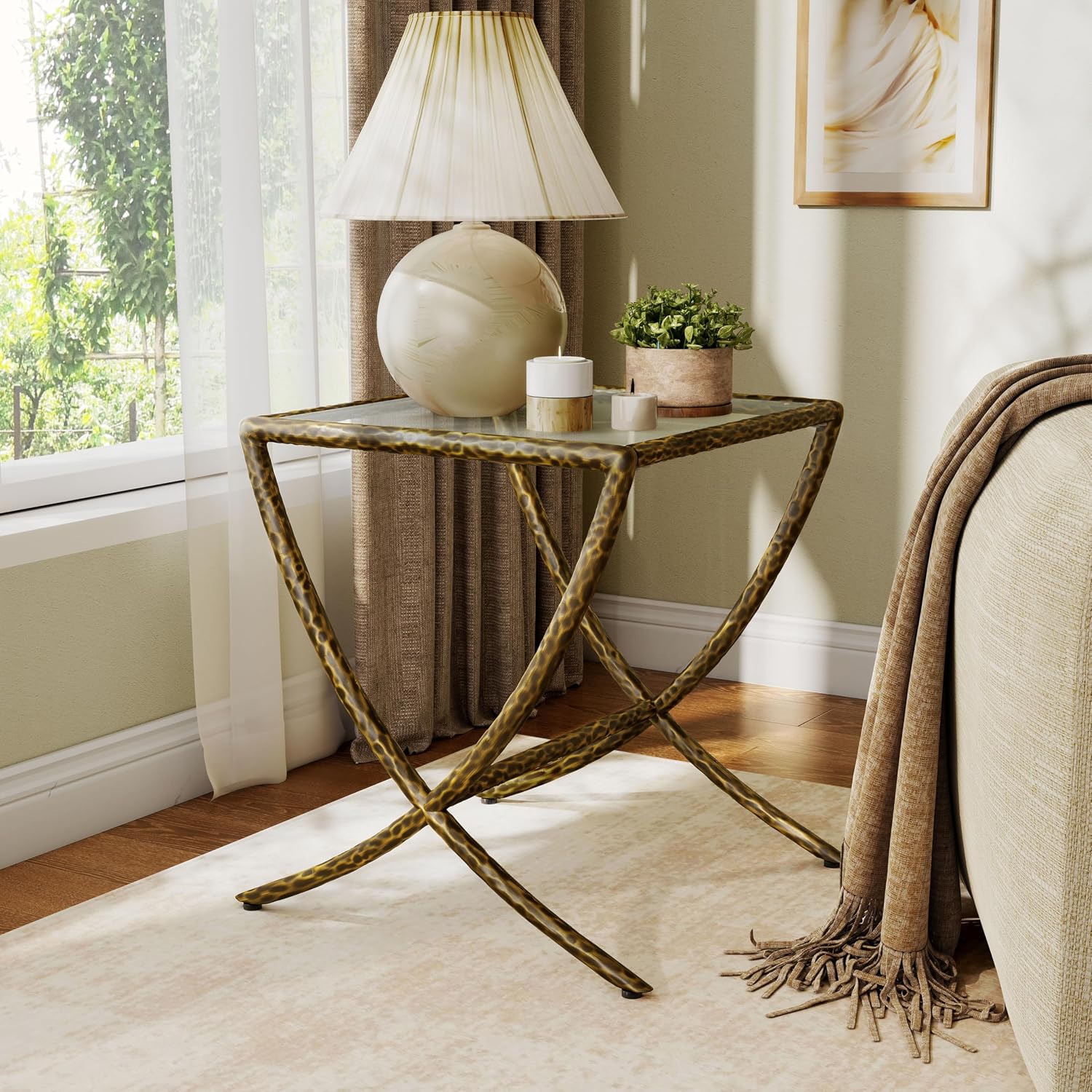 24/7 Shop at Home Lalia Modern 22-inch Metal Side Table with Tempered Glass Tabletop, Hammered Forged Steel Frame for Bedroom, Living Room, Home Office, Matte Gold