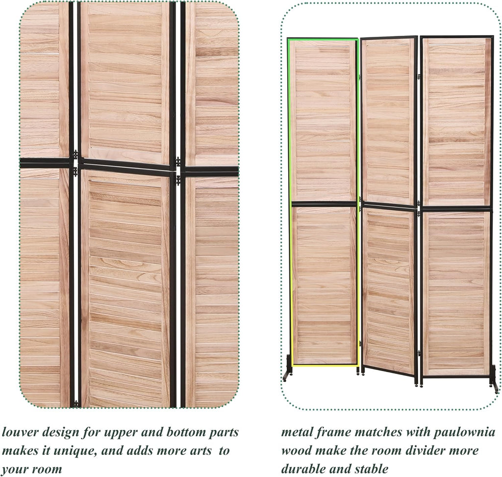 3 Panel Room Divider, 6Ft Wood Folding Privacy Screen, Free Standing Room Separator for Home Office Bedroom, Wall Partition Dividers with Metal Frame