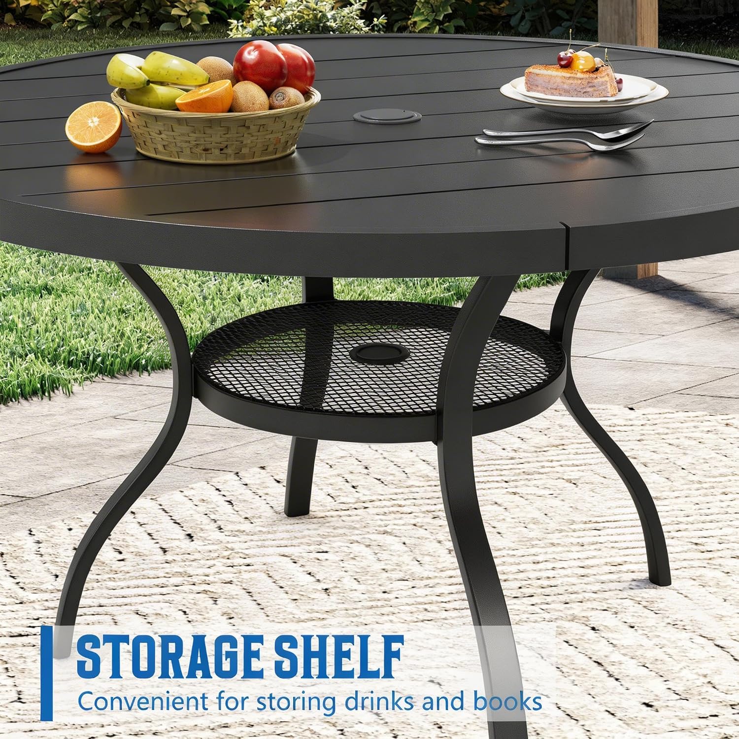 SUNCROWN 42 Inch Round Outdoor Patio Dining Table, All Weather Black Metal Steel Slat Table with 1.5" Umbrella Hole, Weather Resistant Outside Furniture for Lawn Garden Backyard Porch
