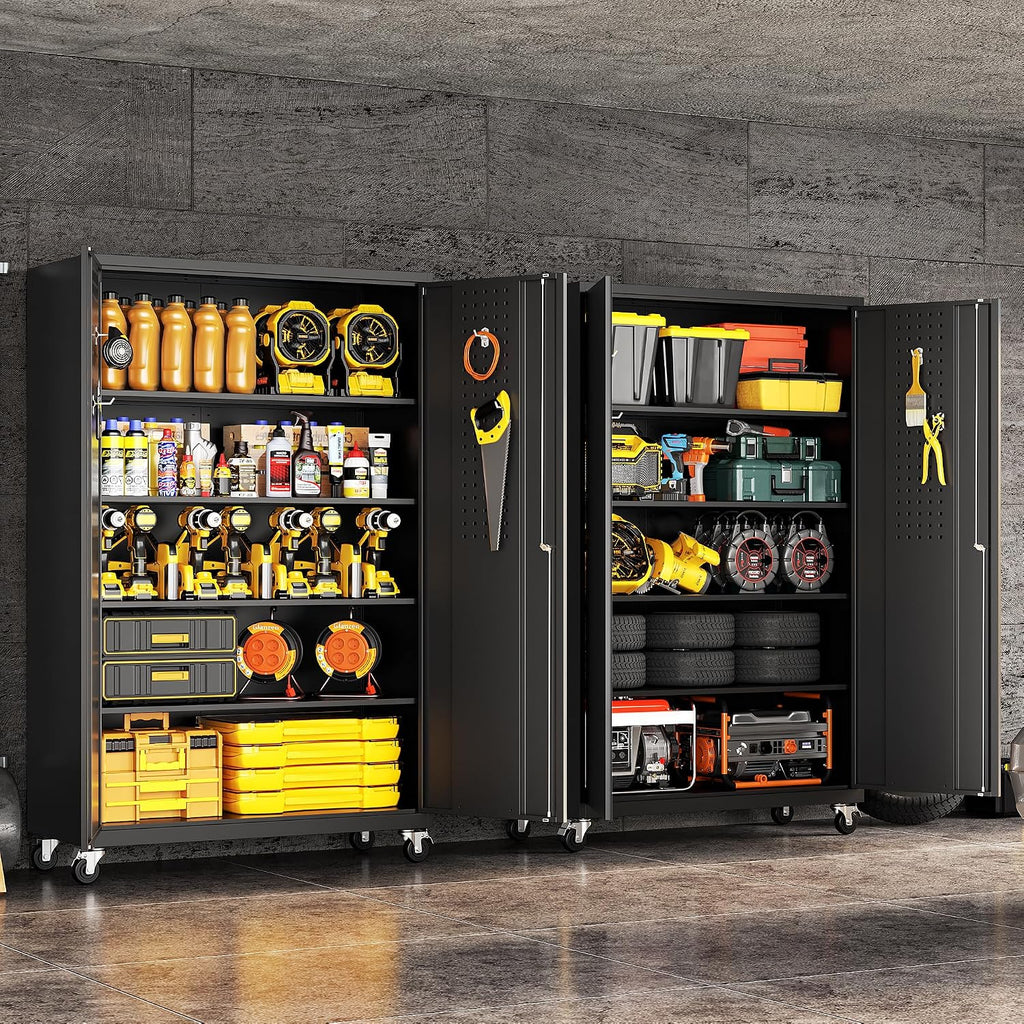 Metal Garage Storage Cabinet with Locking Doors and Adjustable Shelves, Wide & Deep Storage Cabinet on Wheels, 71" Rolling Tool Cabinet for Garage, Basement, Home Office