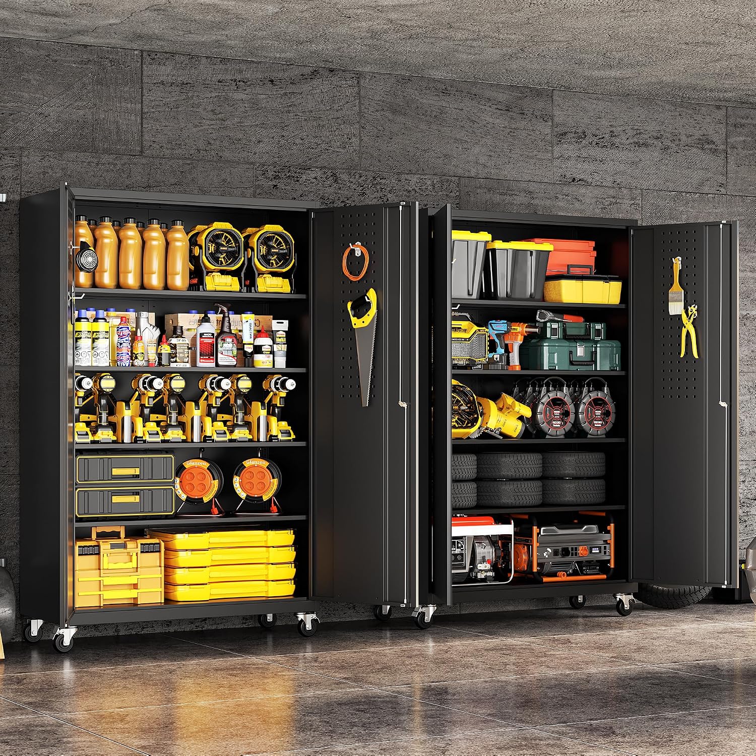 Metal Garage Storage Cabinet with Locking Doors and Adjustable Shelves, Wide & Deep Storage Cabinet on Wheels, 71" Rolling Tool Cabinet for Garage, Basement, Home Office