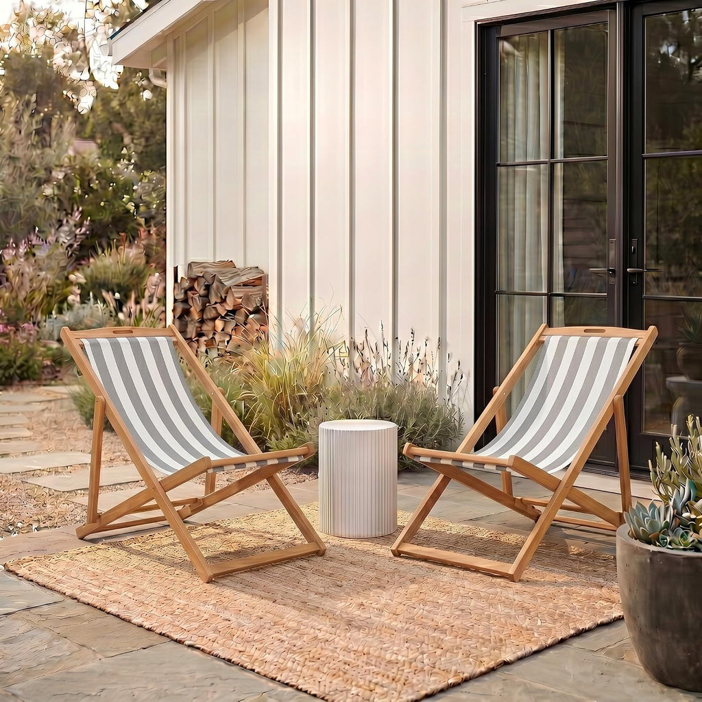 SAFAVIEH Outdoor - Loren Folding Sling Chair Set of 2 - Brown & Grey Stripe - Solid Wood Frame - Portable Bistro Design - Ideal for Patio, Poolside, Backyard, 24" W x 43" D x 25" H (PAT7040B-SET2)