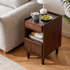 Solid Wood End Table with Glass Top and Drawers, Narrow Nightstand with Pull-Out Tray, Unique Bedside Table, Small Side Table with Storage for Bedroom, Living Room, Walnut