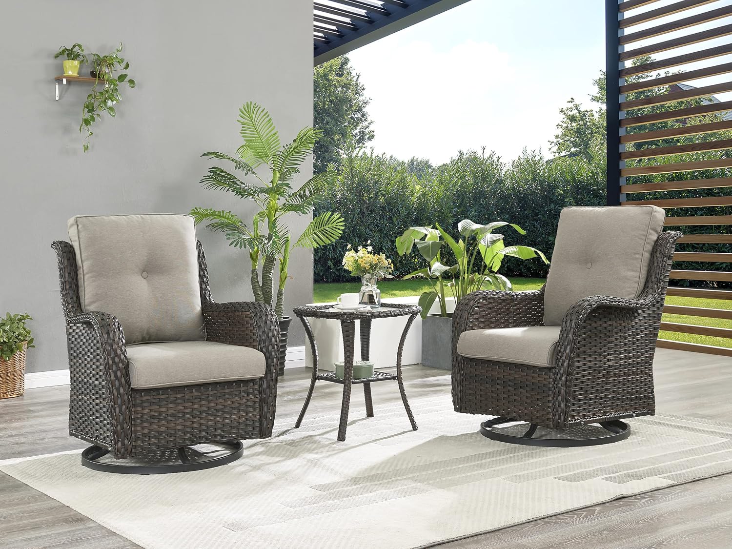 Rilyson Wicker Rocking Chair Swivel Chairs - 4 Piece Rocker Patio Chairs Set Rattan Rocking Chair for Outdoor Porch Deck Garden Backyard(Brown/Grey)