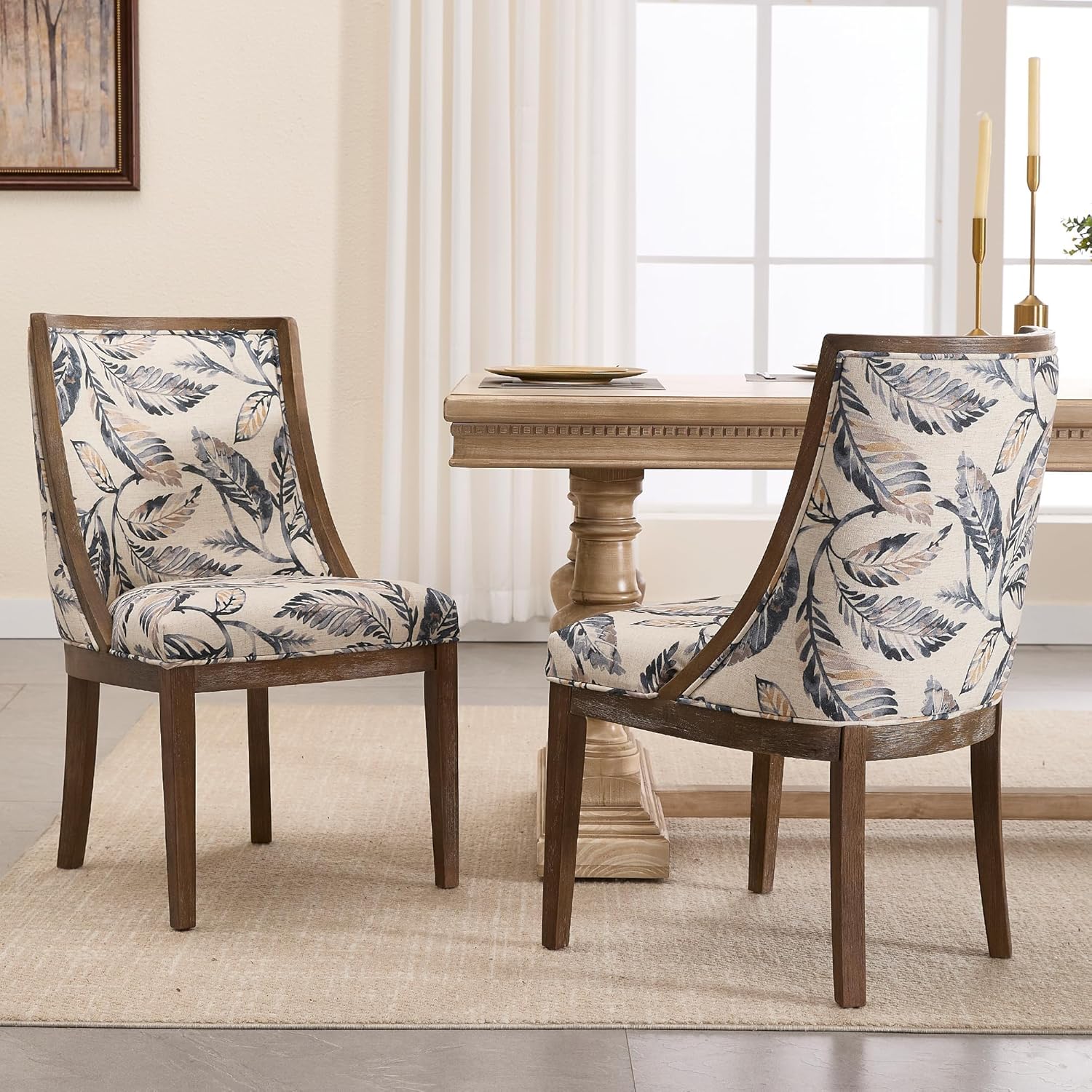Farmhouse Dining Room Chairs Set of 2 Wooden Side Chairs with Curved Backrest and Solid Wood Frame Linen Fabric Upholstered Kitchen Chairs for Lving Room/Restaurant, Floral