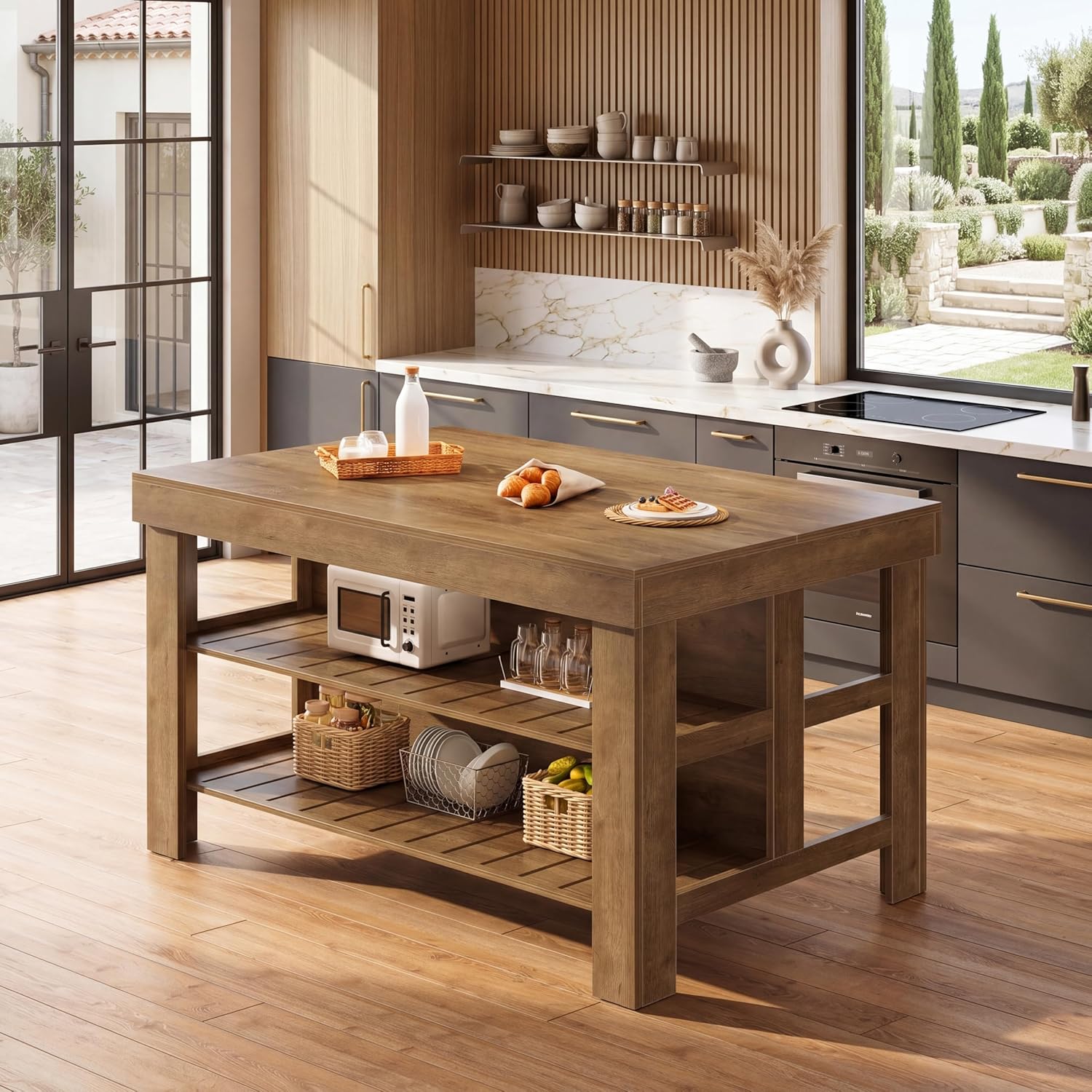 Tribesigns 55.1-Inch Kitchen Island with Seating and Storage, 3-Tier Large Farmhouse Island Table with Large Countertop and Leg Room for Kitchen Dining Room (Rustic Brown)