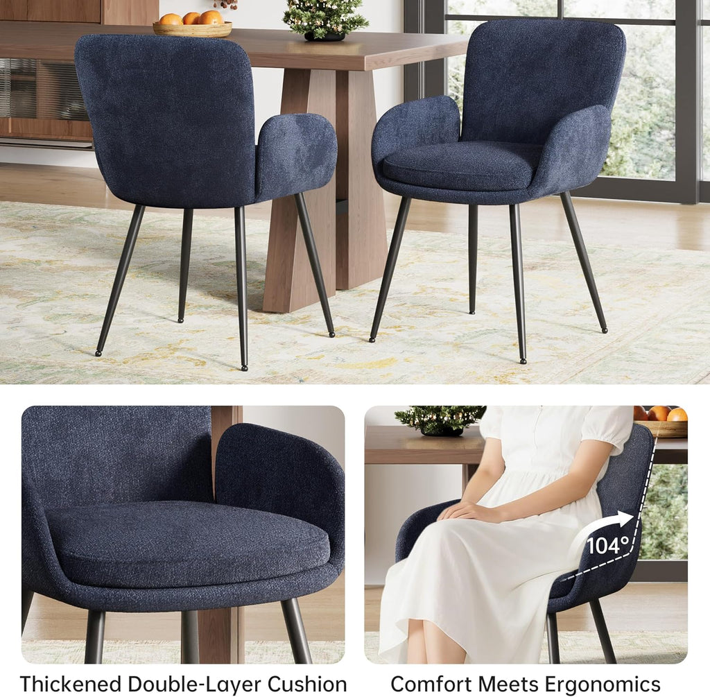 VKNOW Modern Dining Chairs Set of 4, Upholstered Dining Room Chair with Armrest, Kitchen Chairs with Curved Ergonomics Backrest for Living Room, Dining Room, Kitchen, Navy Blue