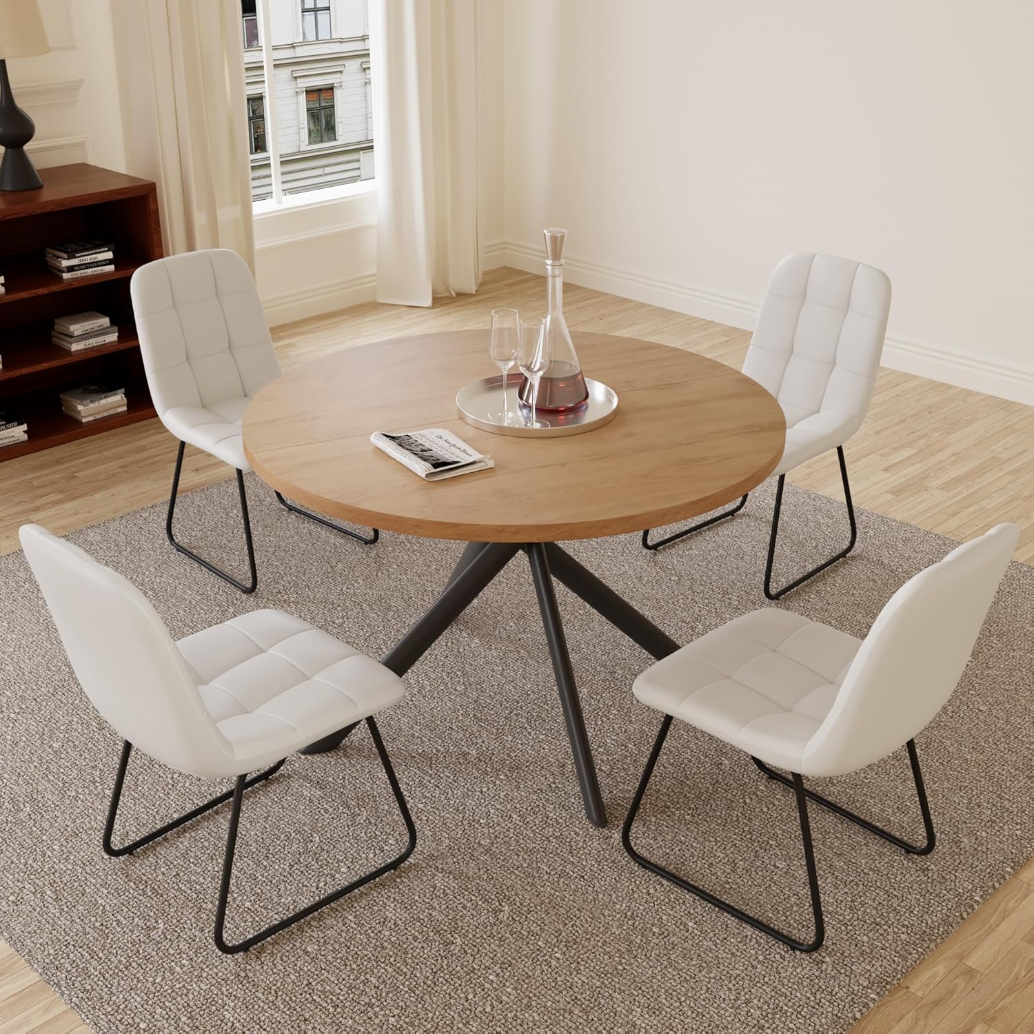 HIPIHOM Faux Leather Dining Chairs Set of 4, Modern Upholstered Kitchen Chairs with Curved Backrest and Metal Legs, PU Leather Dining Room Chairs for Kitchen Living Dining Room Set of 4 White