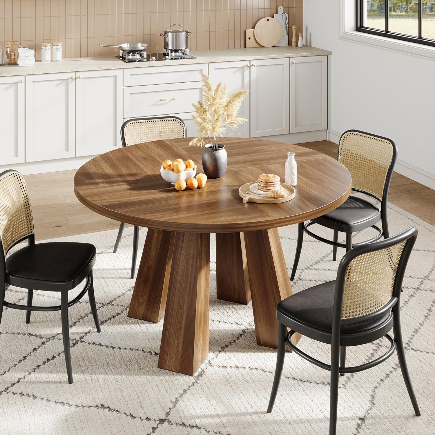 IDEALHOUSE 47" Round Dining Table for 4-6, Wood Kitchen Table with Sturdy Base, Farmhouse Circle Dinner Table for Dining Room, Living Room, 4 Strong Legs, Walnut