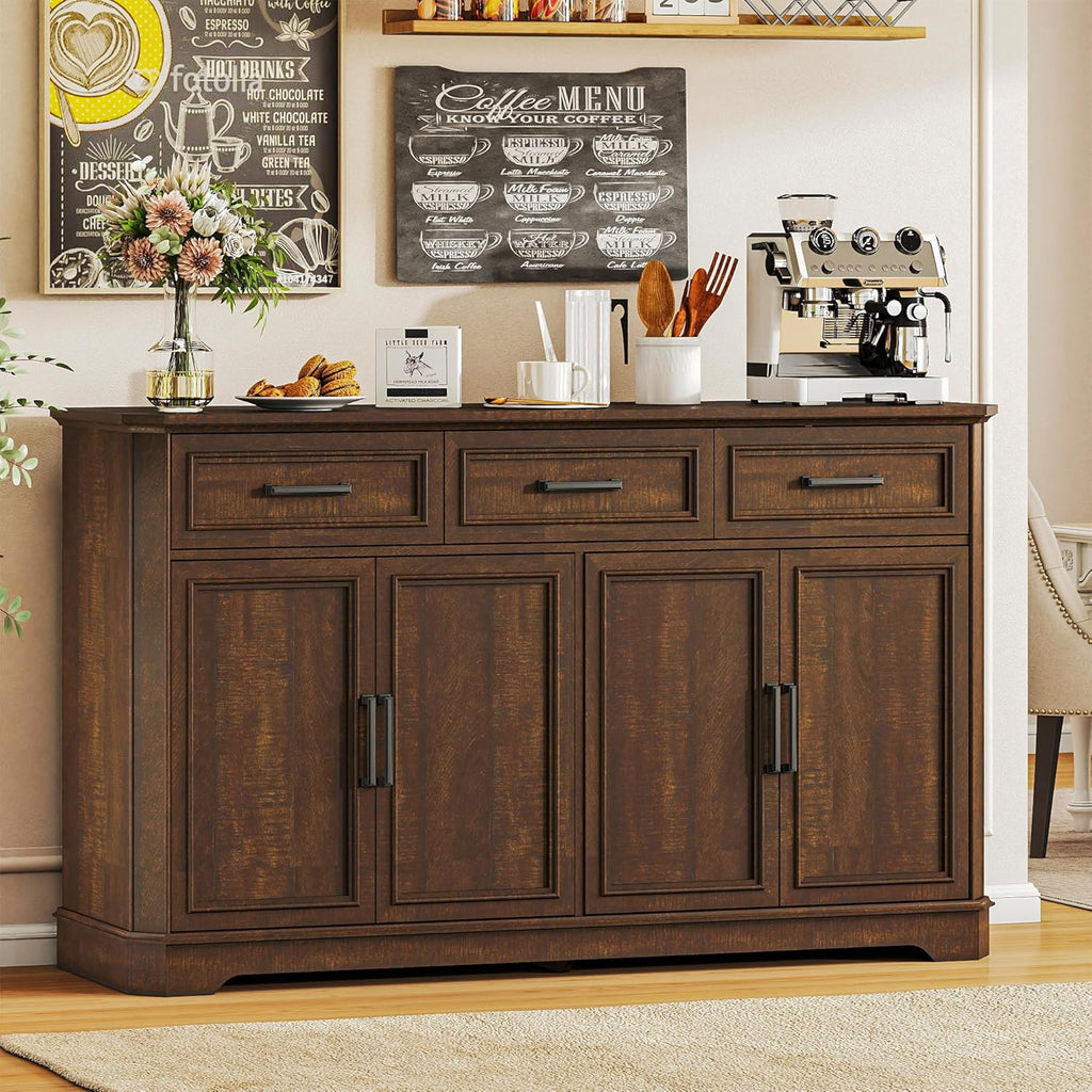 Farmhouse Buffet Sideboard with Storage, 64" Wood Credenza with 3 Drawers & 4 Doors, Walnut Cabinet for Kitchen, Entryway, Coffee Bar