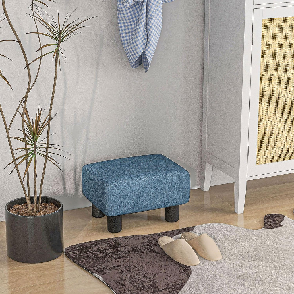 Small Trendy Comfortable Linen Fabric Cube Ottoman Footrest with Premium Construction, Sleek Blue Design, and Versatile Appeal