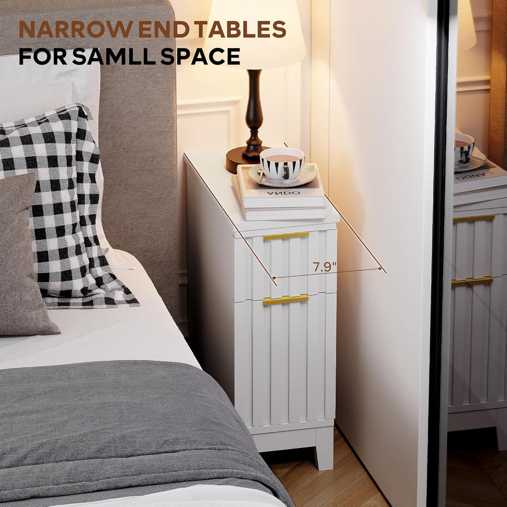LAZZO End Tables Living Room Set of 2 Narrow End Table 7.9" Nightstands Set of 2 Modern Fluted Front Bedside Tables with 2 Drawers and Charging Station for Living Room, Bedroom, Small Space White