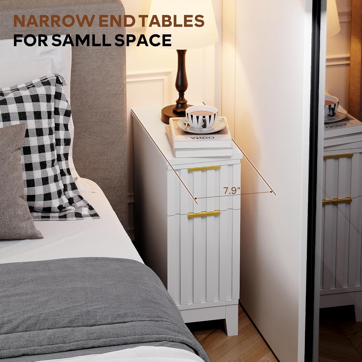LAZZO End Tables Living Room Set of 2 Narrow End Table 7.9" Nightstands Set of 2 Modern Fluted Front Bedside Tables with 2 Drawers and Charging Station for Living Room, Bedroom, Small Space White