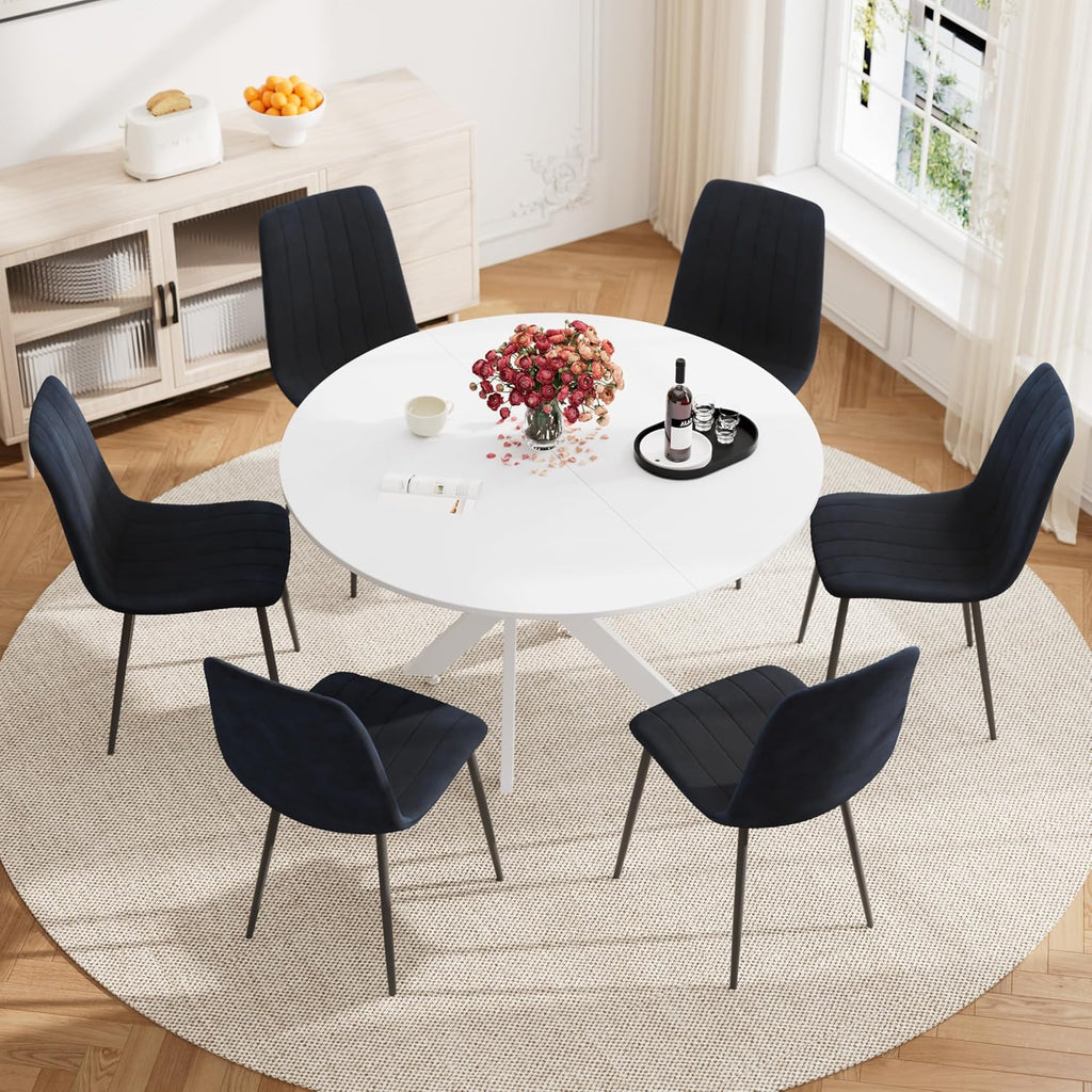 RGZ 47" White Round Kitchen Table for 4-6, Modern Save Space Wooden Circle Dining Table with Intersecting Metal Pedestal, Coffee Table for Break Room, Dining Room, Living Room