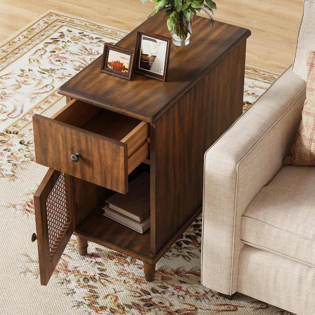 Solid Wood Rattan Narrow End Table, Narrow Nightstand with Drawer and Storage Tier Vintage Walnut Rattan Side Table Compact Bedside Table for Corner Small Space Bedroom, 22" Dx11.8 Wx22.8 H