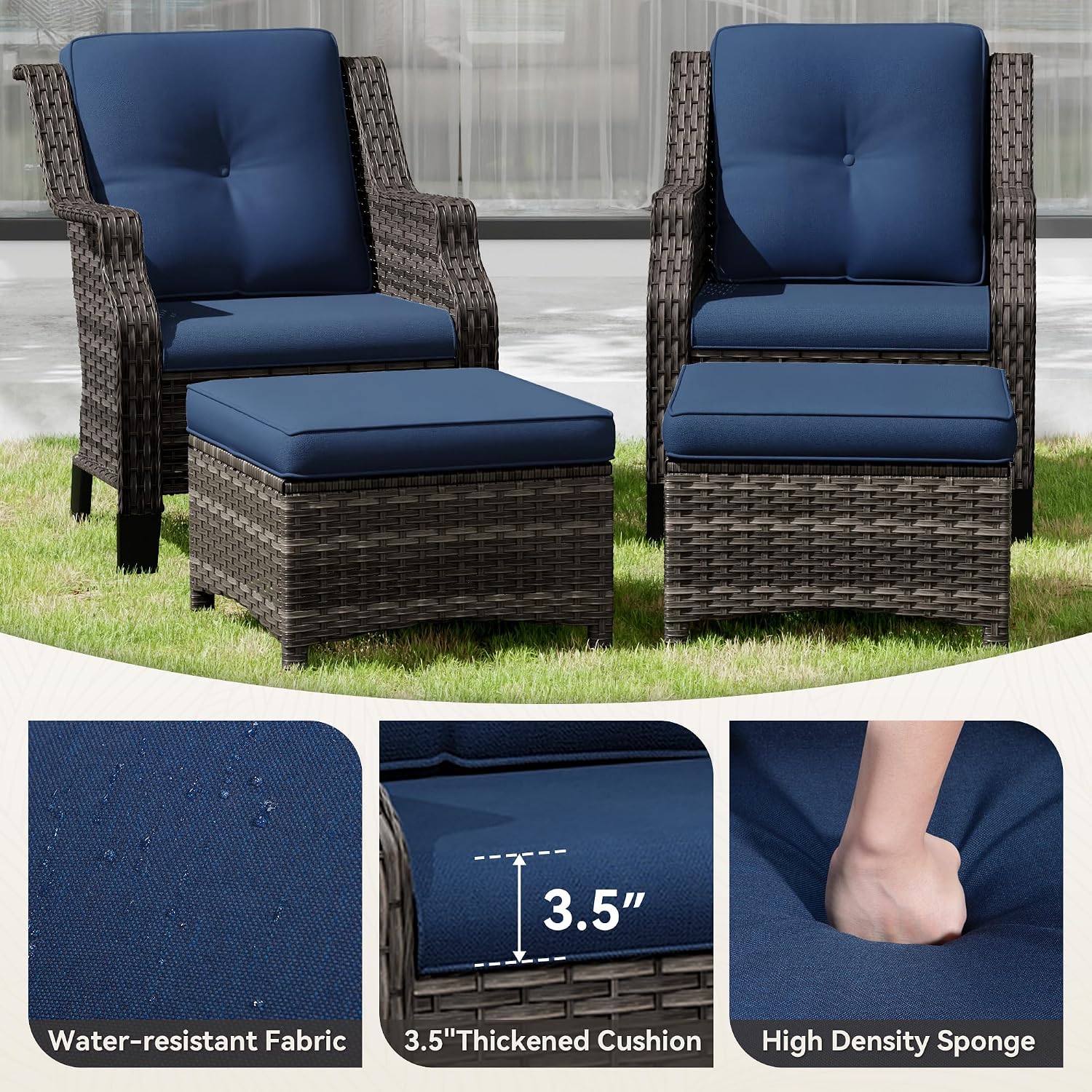 Outdoor Wicker Ottoman Set of 2, Patio Swivel Rattan Ottoman with Thick Cushions, Ideal for Backyard, Garden, Poolside, Blue