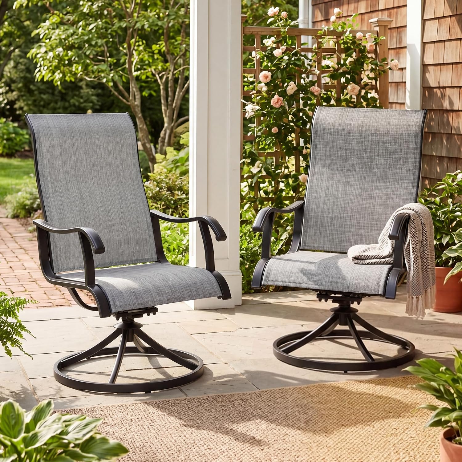 NUU GARDEN Patio Swivel Chairs Set of 2, Outdoor Dining Chairs | Breathable Textilene seats with smooth 360° swivel motion, ergonomic high-back design and durable powder-coated steel frame