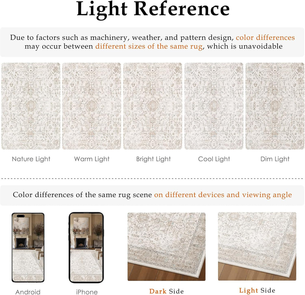 PureCozy 8x10 Washable Neutral Area Rug Beige Vintage Large Carpet for Living Room Non-Slip Low Pile Retro Floral Farmhouse Accent Throw Rugs for Bedroom Office Nursery Dorm Dining Room