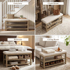 Zihanhome 2 Tier Shoe Rack Bench with Cushion, Solid Wood Shoe Benches, Mid-Century Modern Shoe Storage Bench for Entryway, Hallway, Living Room, Closet, Front Door Entrance, (Beige, 39.4")