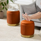 Royal Windsor Round Ottoman with Storage Set of 2, Vanity Stool with Storage for Bedroom, Ottoman Coffee Table Gold-Tone Ring Around the Base, Small Velvet Foot Stool for Living Room, Orange