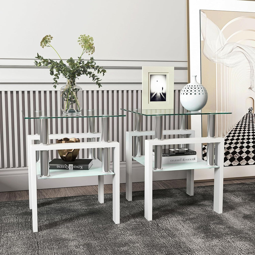 BIGTO 2 Pcs Tempered Glass Side Table, End Table for Living Room, Sofa Table White 17.72''*17.72''*20.5''Living Room Furniture