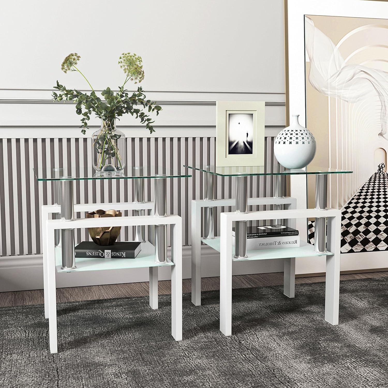 BIGTO 2 Pcs Tempered Glass Side Table, End Table for Living Room, Sofa Table White 17.72''*17.72''*20.5''Living Room Furniture
