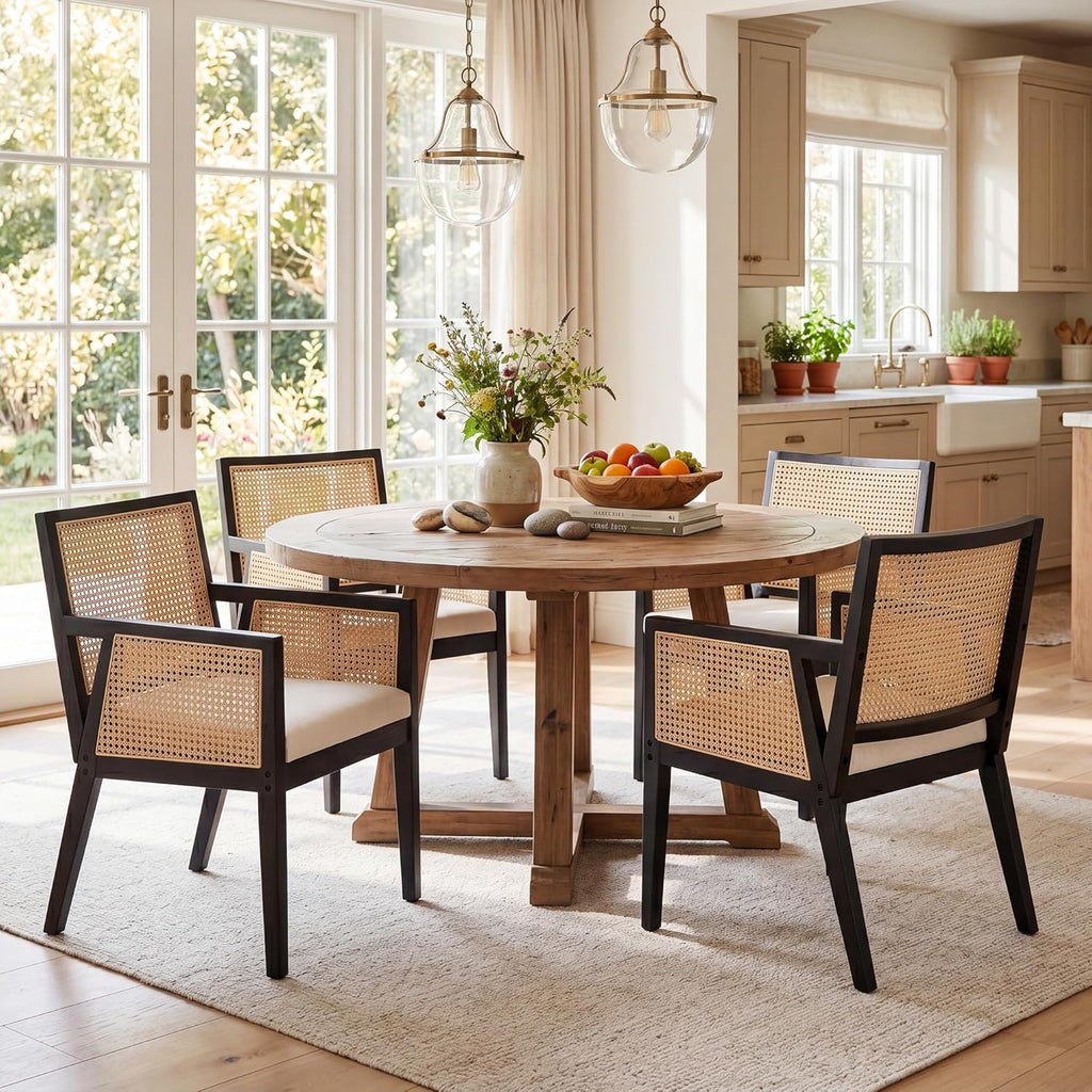 VESCASA Rattan Dining Chairs with Armrest, Padded Upholstered Linen Cream Cushion Dining Chairs with Wood Legs for Dining Room, Kitchen, Set of 2, Black Frame