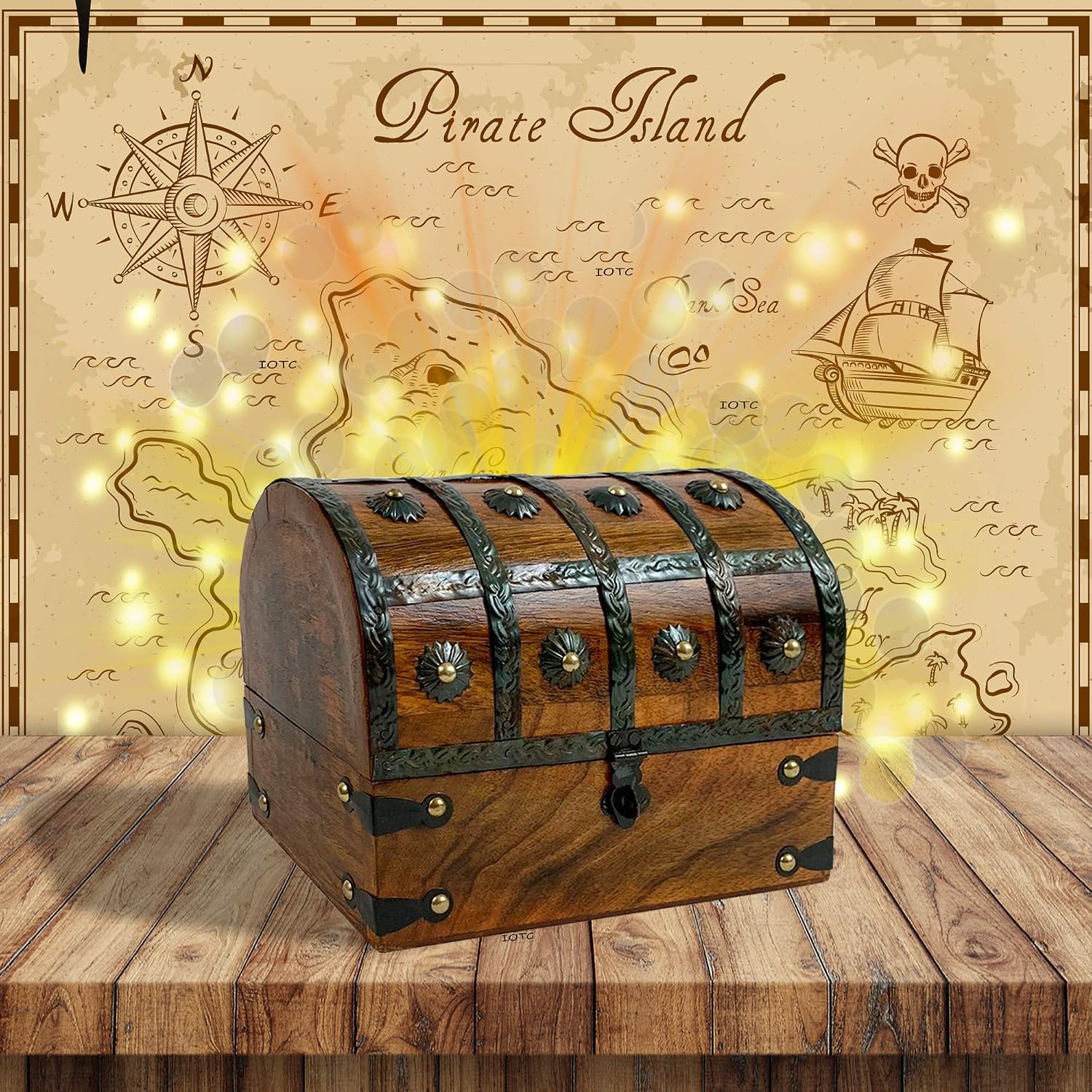 Yonune Birsppy Aeiniwer IOTC Kids Pirate Treasure Chest Made of Solid Wood Medium Antique Storage Decorative Loot Chest Pirate Party, 8" x 6" x 6"
