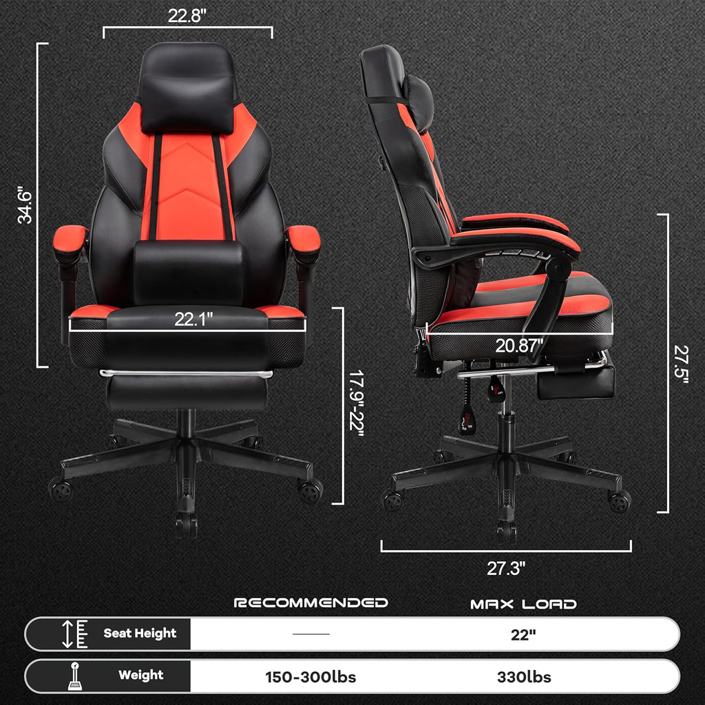 Gaming Chair for Adults, Video Game Chair with Footrest, Big and Tall Gaming Chair Heavy Duty Computer Chair with Massage Lumbar, Ergonomic Adjustable Height and 360° Swivel Seat, PU Leather, Red
